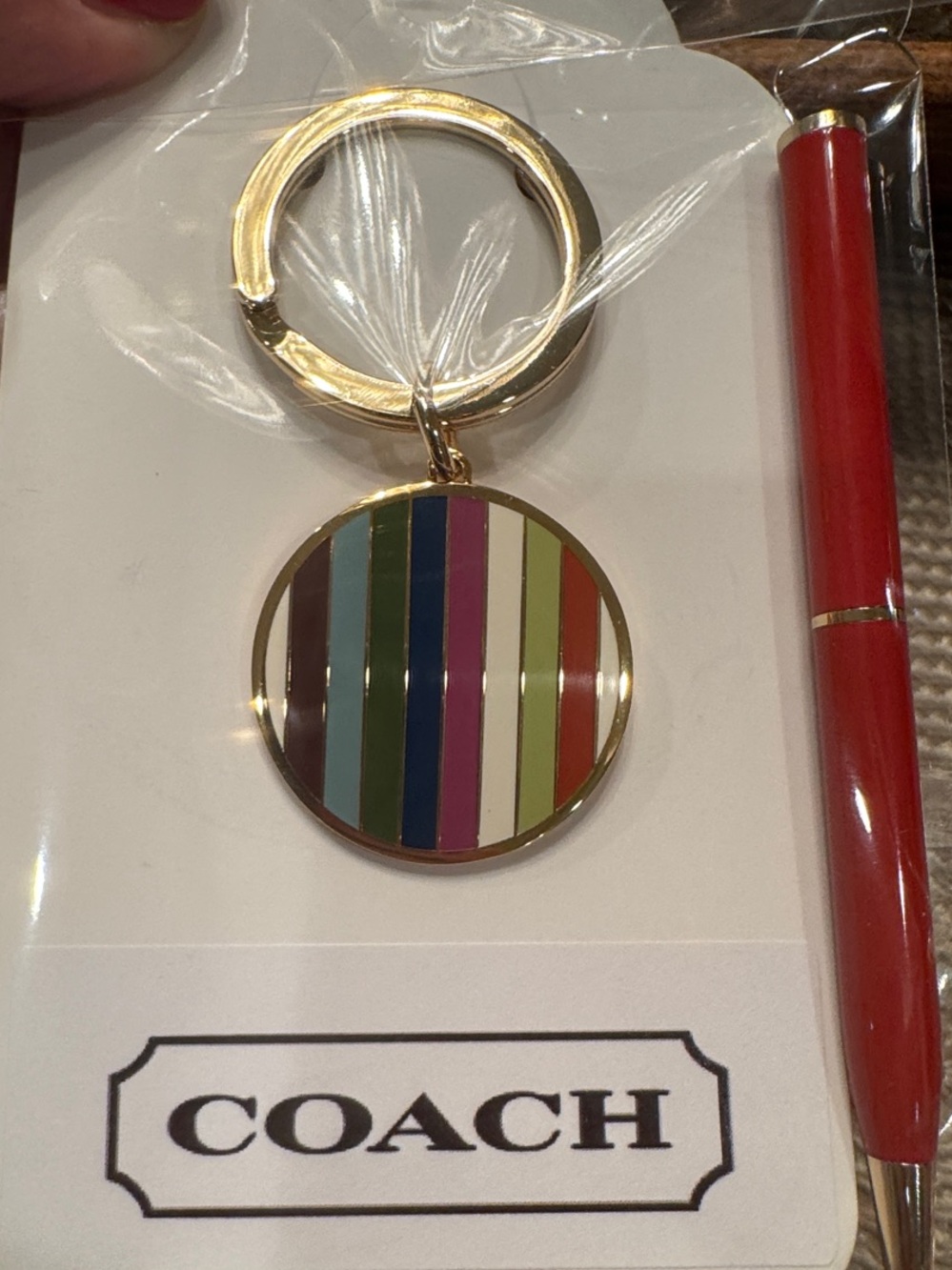 COACH Legacy Multi-Stripe Enamel Round Key Ring  and Pen Set- Gold Hardware